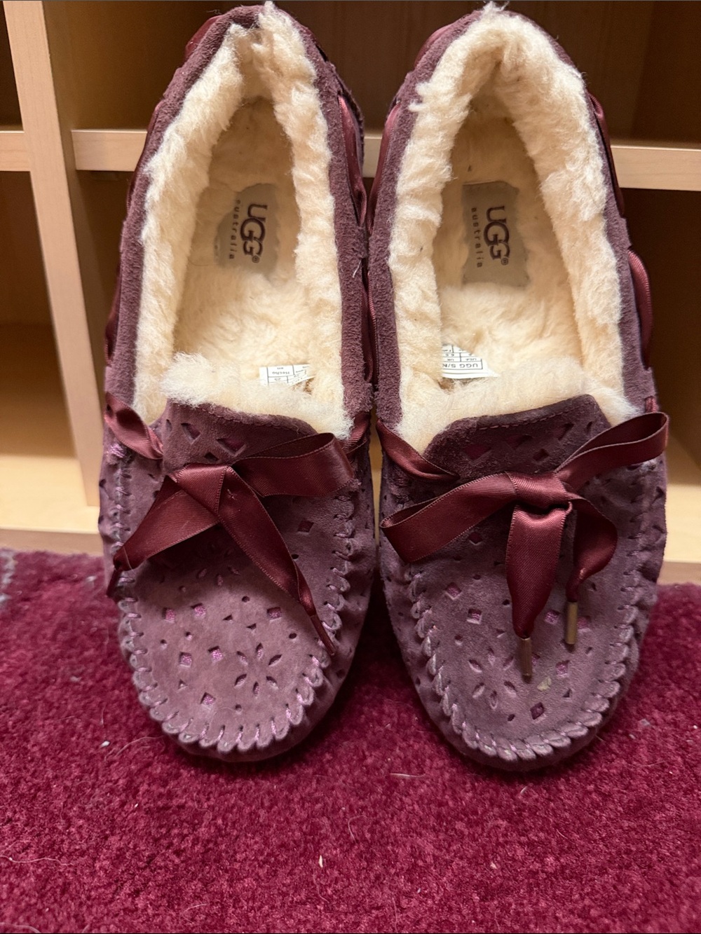 UGG Women's Wine Suede Shearling Moccasins with Satin Bow - Picture 4 of 4